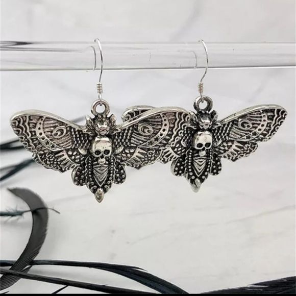 Silver titanium death Head moth punk goth earrings new - Picture 1 of 3